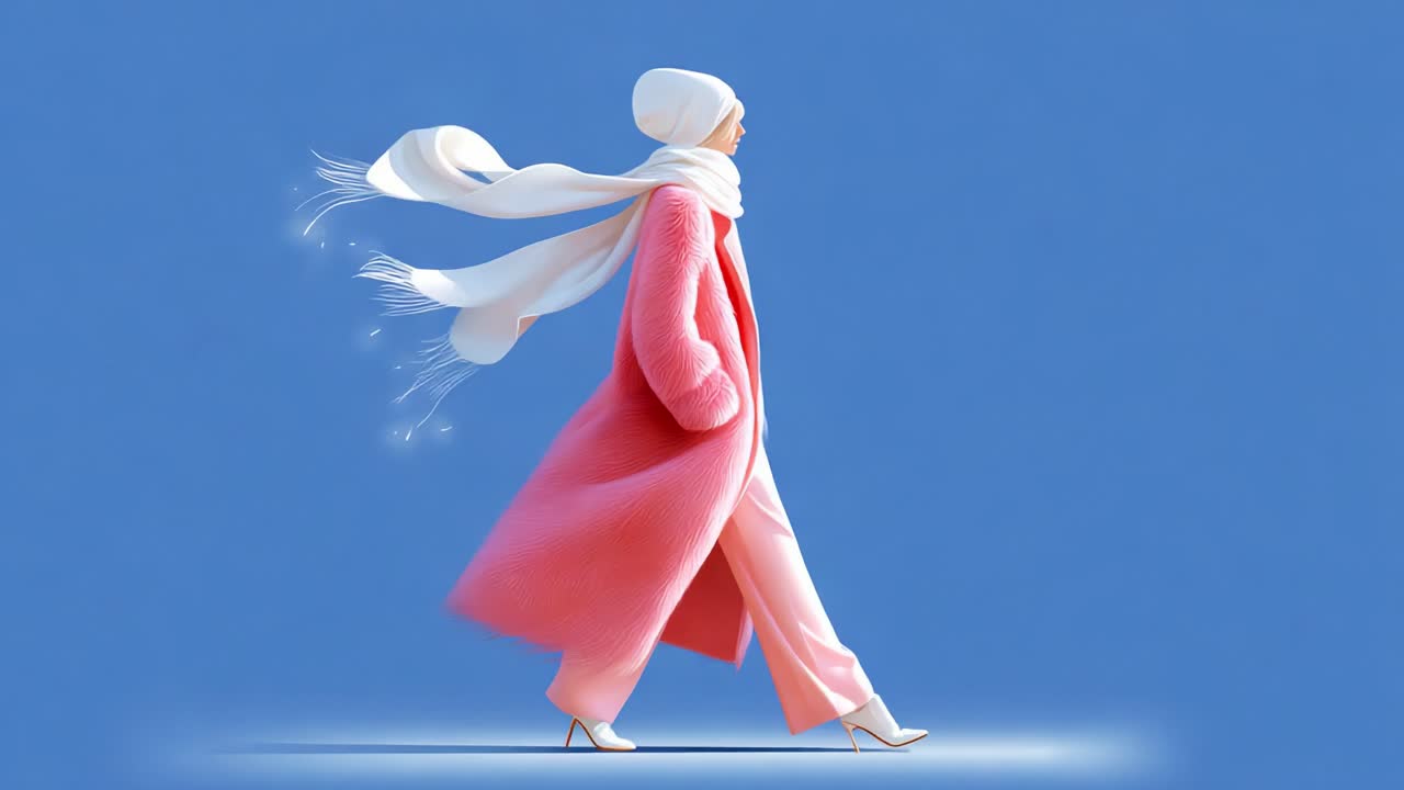 Elegant Fashion Model Walks Gracefully in a Stylish Pink Overcoat and White Scarf Against a Soft Blue Background, Showcasing Sophistication and Modern Winter Trends