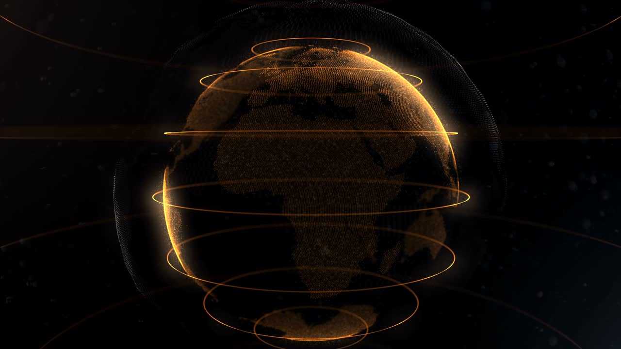 Abstract particle. Golden, orange planet inside the veilted one, created of dots. Little white dots on the background. Sphere. Golden sphere is looping slowly. 4K.