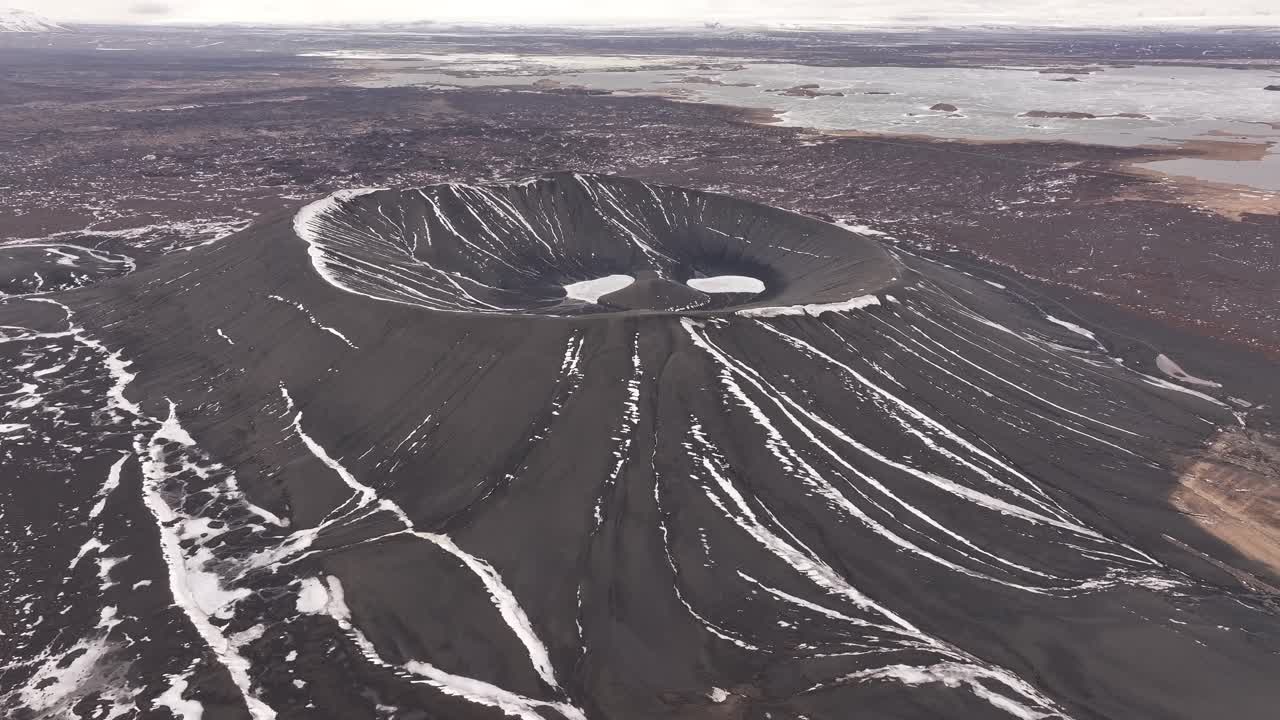 Aerial view of the volcanic crater Hverfjall near Lake Mývatn, Iceland.