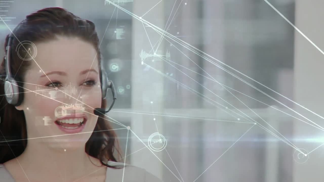 animación de la red de conexiones, estadística sobre mujeres de negocios que usan auriculares telefónicos