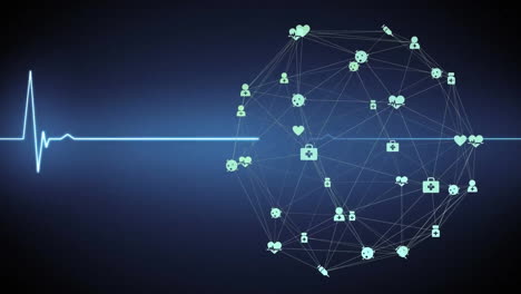 animation of network of connections with medical icons and cardiograph on black background