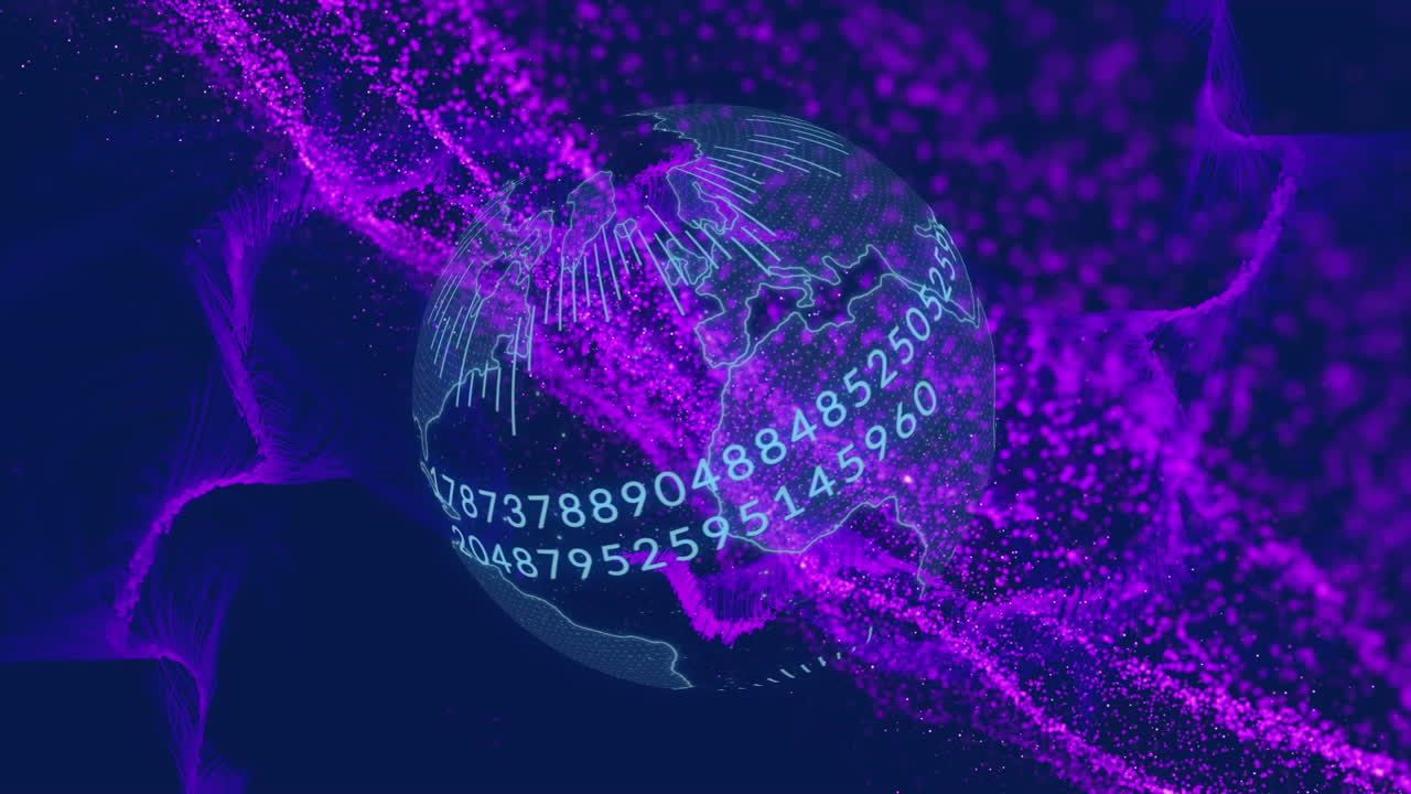 animación de ondas de partículas de neón 3d, números con globo giratorio en fondo gráfico por computadora