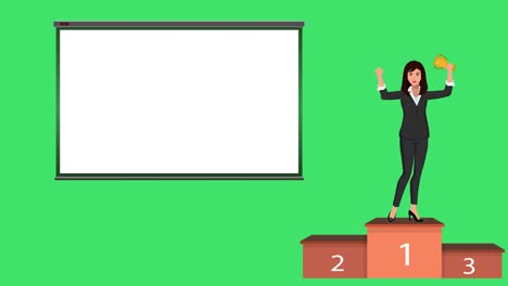 a cartoon version of a business woman leader shown in an office on a podium with a green screen and a white board for customization to indicate concept of business success