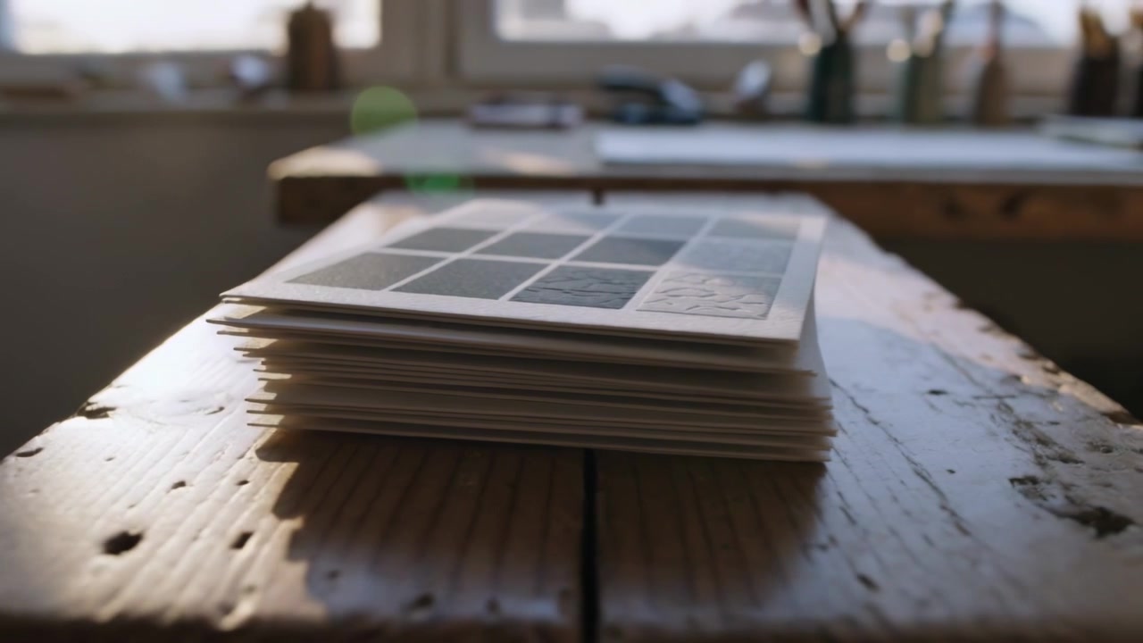 Pulling back camera revealing thick paper stack on wooden bench, showing embossed grid and edges