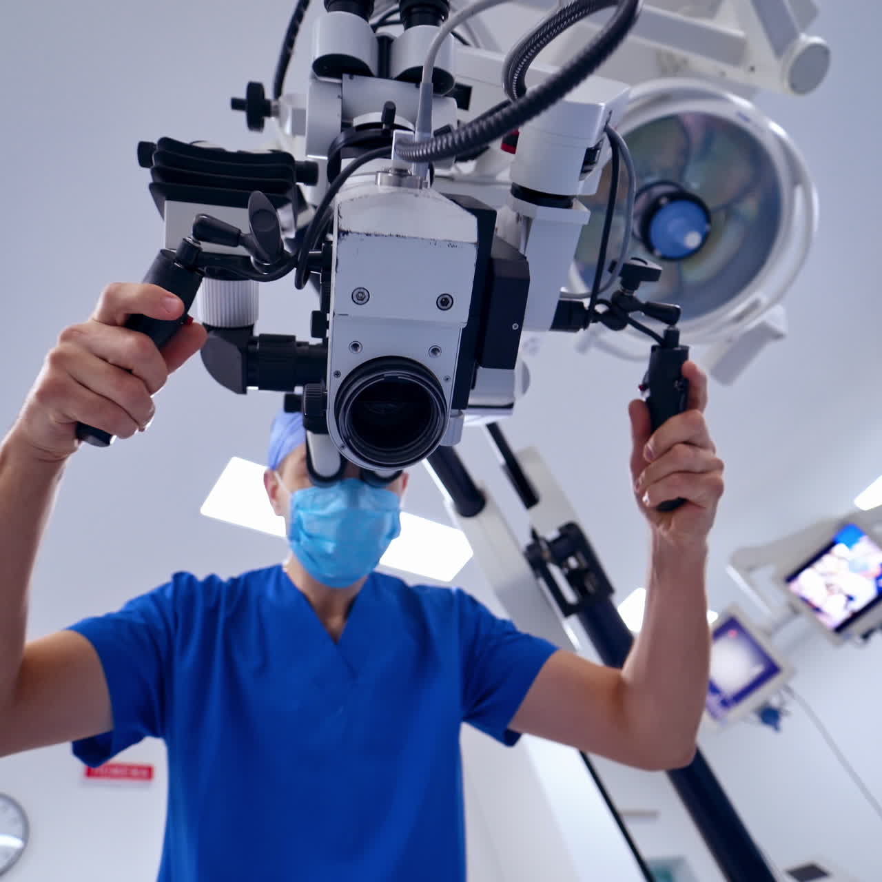 Surgeon with intraoperative microscope. Specialist looking through the medical microscope. Modern equipment in operating room. View from below.