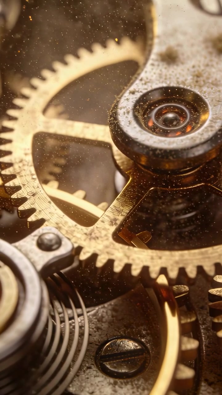 Vertical video: Drifting camera showing gear turning spring pulsing and jewel glinting inside watch