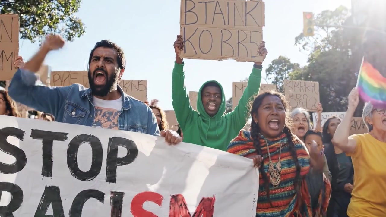 Irkçılığa Karşı Protesto Eden Çeşitli Bir Kalabalık: Tutkulu Sesler ve Renkli Pankartlarla Birliği ve Direnişi Vurgulayan Bir Gösteri