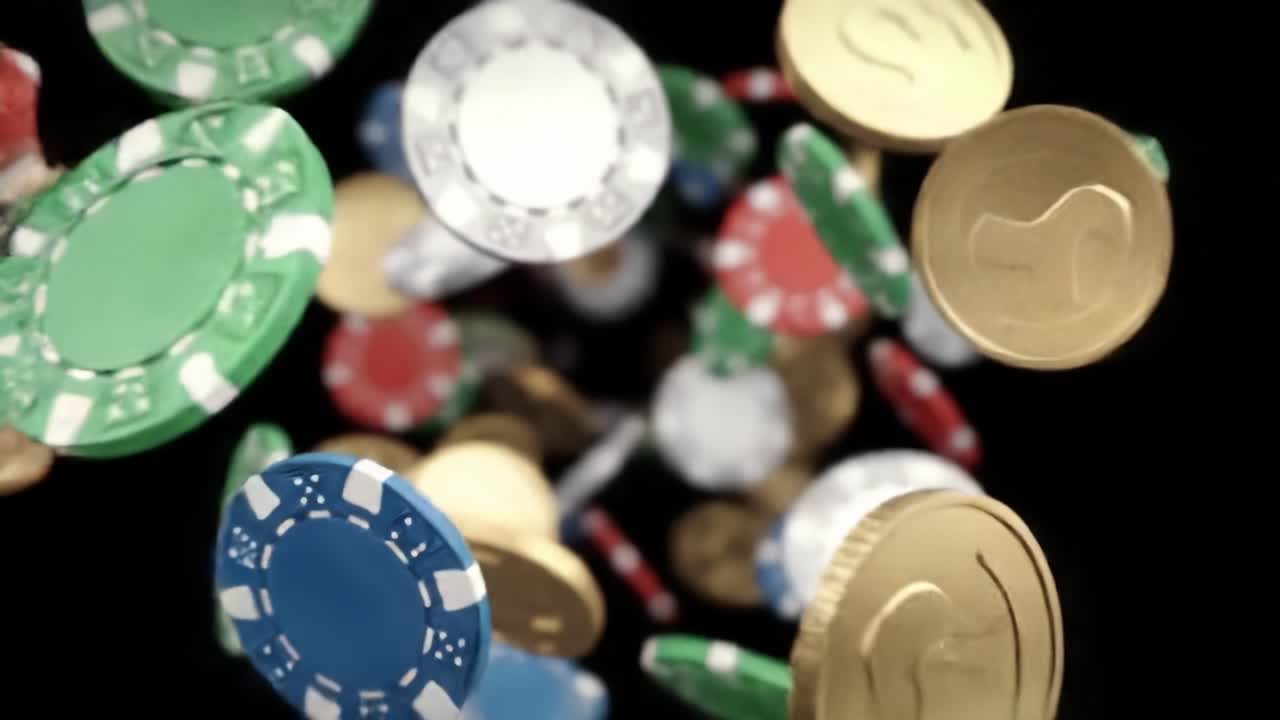 A Dynamic Display of Cascading Casino Chips and Coins in Motion, Capturing the Thrill and Excitement of Gambling in a Vibrant and Colorful Way