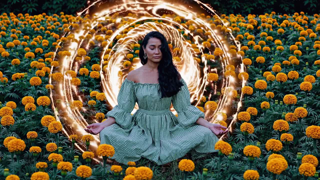mujer serena meditando entre vibrantes flores de caléndulo, rodeada por un círculo de energía dorada giratorio, encarnando la armonía espiritual y la tranquilidad interior