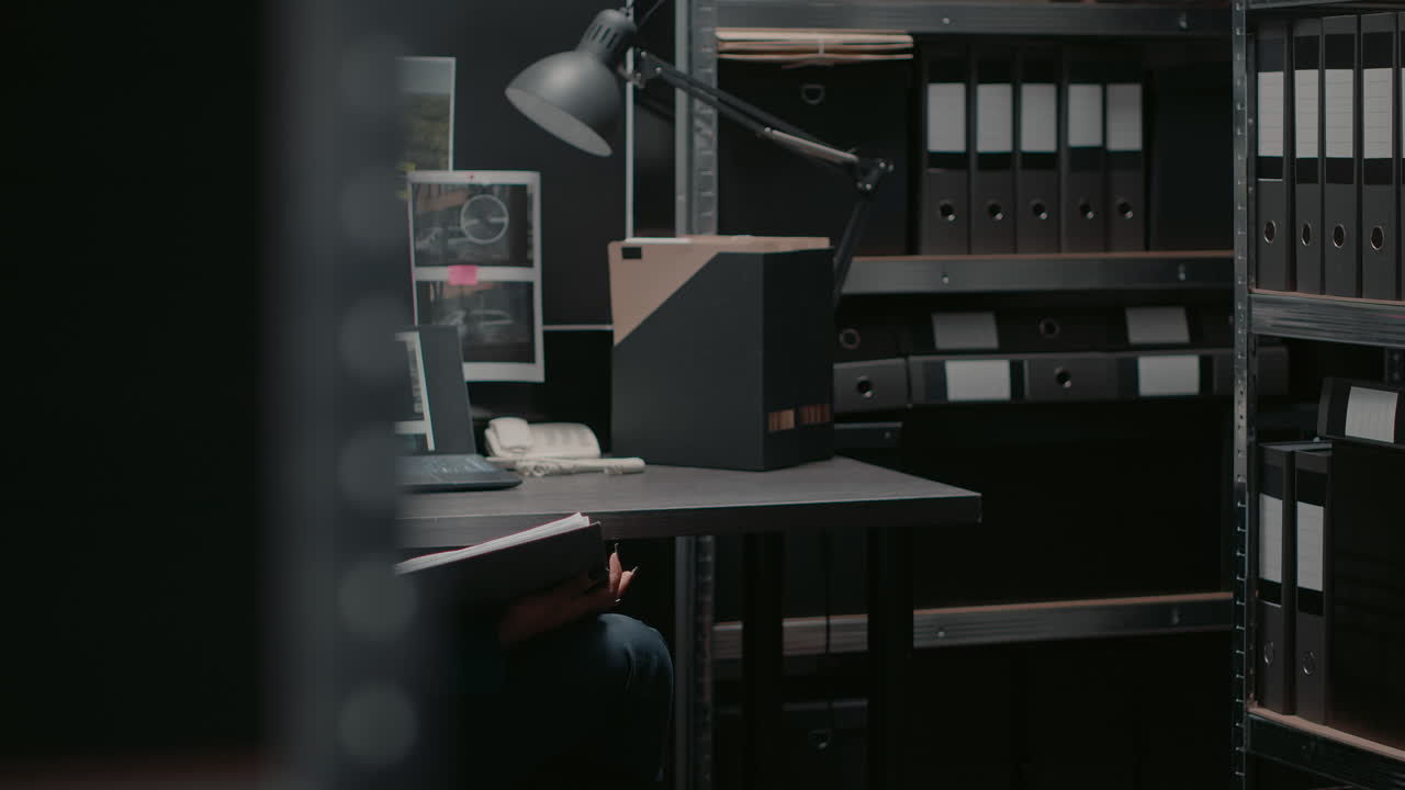 Female detective working on investigation in office with files