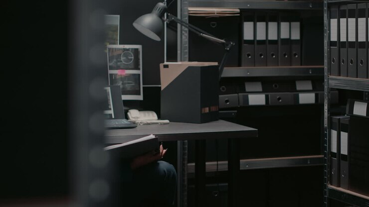 Detektivin arbeitet an einer Untersuchung im Büro mit Akten