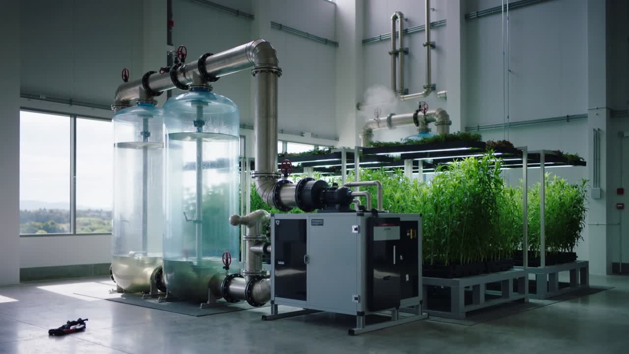 Starting process unit cycling pumps, pressure tanks venting vapor humidifying plants in greenhouse