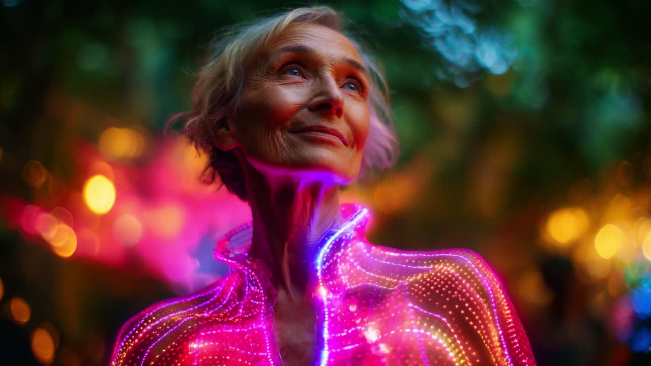A radiant figure illuminated by vibrant lights showcases a joyful spirit, embodying a celebration of individuality and beauty in a mesmerizing, colorful environment