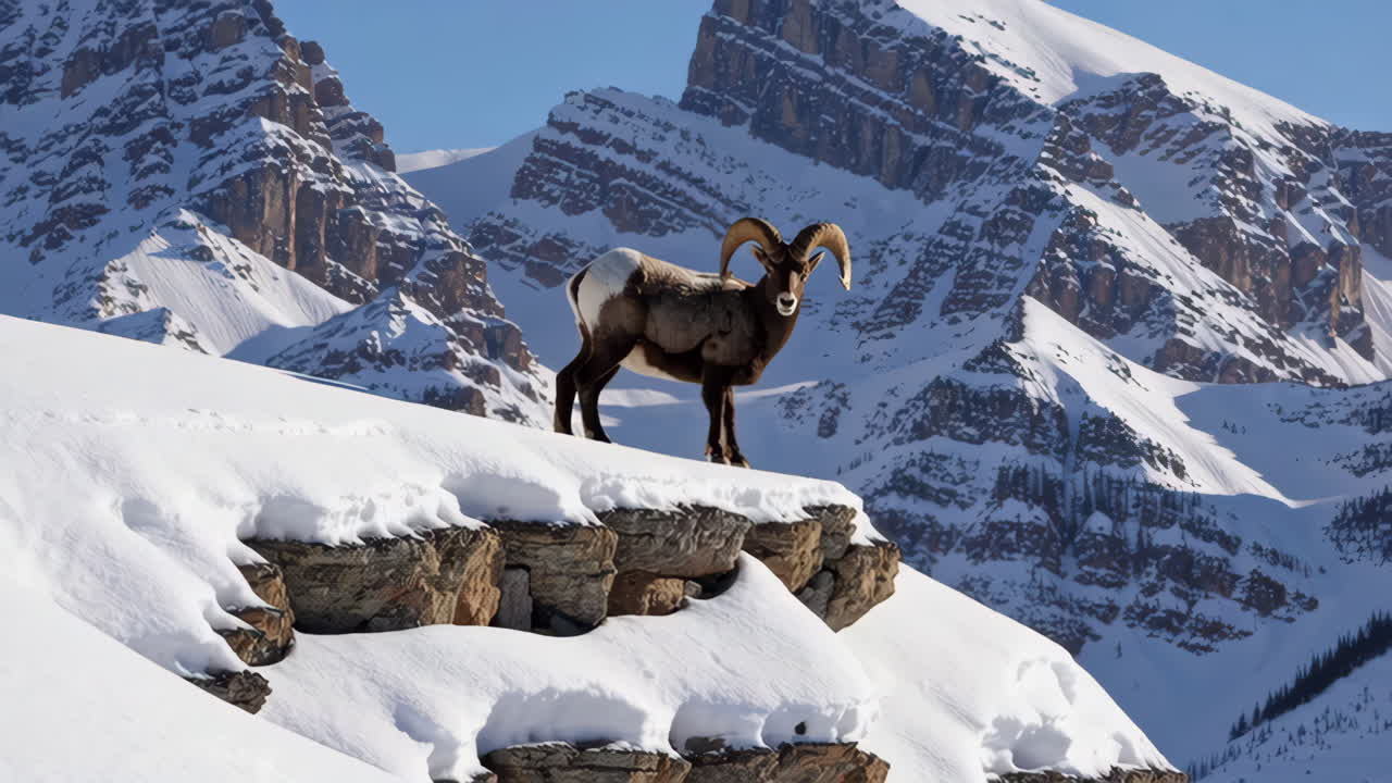 Bighorn Sheep on a Snowy Mountain Ledge
