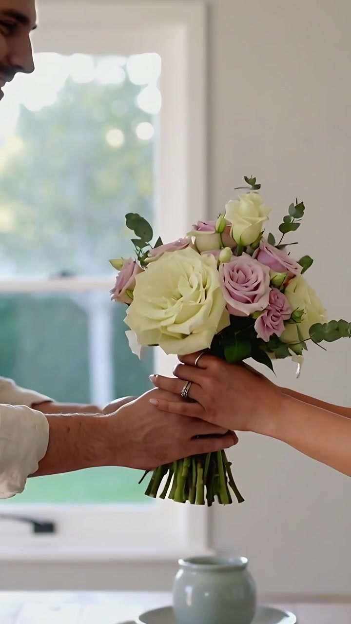 Video verticale: Un uomo in camicia porge un bouquet, una donna in maglione lo abbraccia, mostrando amore in casa.