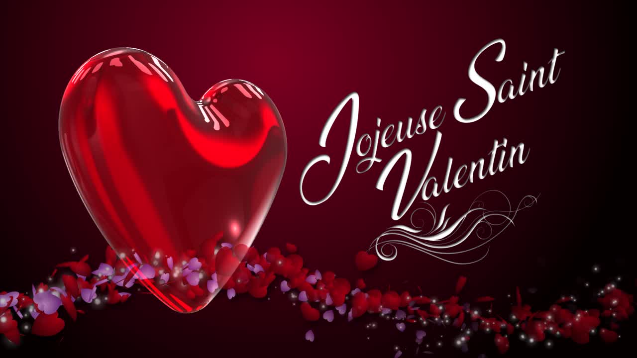 gráfico de movimiento estacional de alta calidad celebrando el día de san valentín, con esquema de colores rojo profundo, y fluyendo flujo de pequeños corazones - mensaje francés dice "joyeuse san valentín