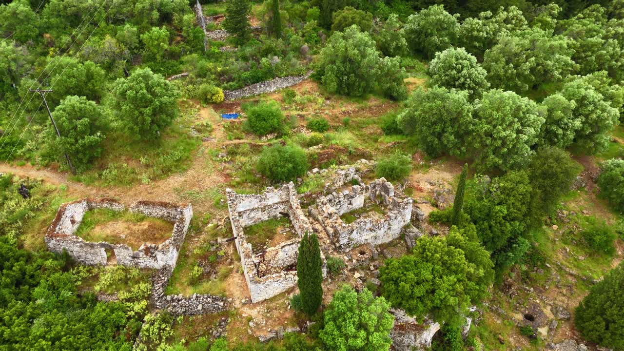 Aerial drone view Palace of Odysseus on Ithaca Island Greece ancient ruins School of Homer