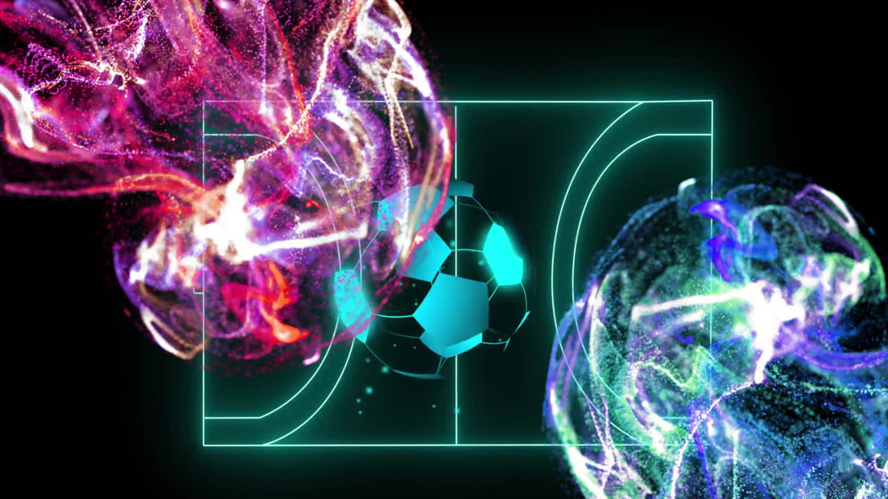 animación de redes de partículas amarillas y azules y pelota sobre cancha de balonmano de neón azul en negro