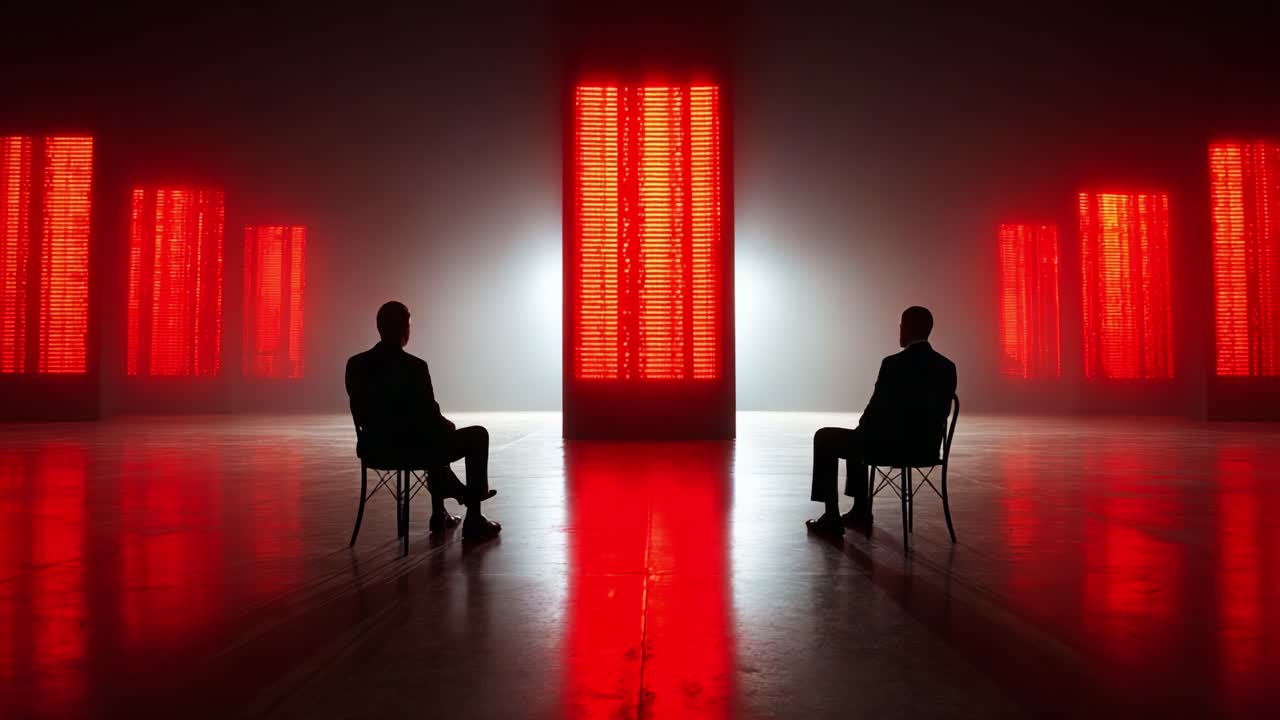 A Captivating Encounter: Two Figures in Silhouette Engage in Introspection Amidst an Atmosphere of Red Illumination and Digital Aesthetics