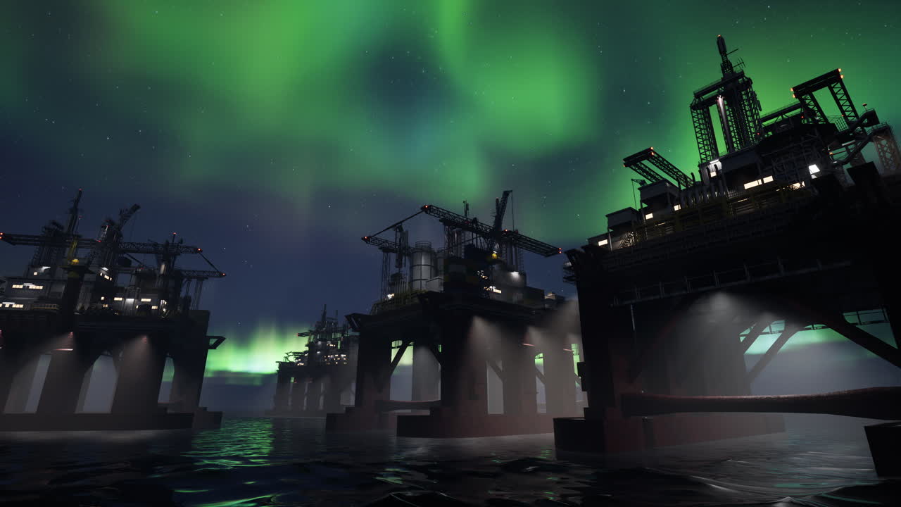 Drilling rig extracting petrol from deep sea reserves underneath aurora borealis