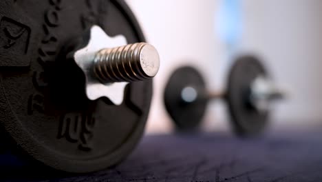 an extreme close-up, selective focus shot of an adjustable dumbbell on an exercise mat. a clear visual of fitness equipment for a home workout or strength training