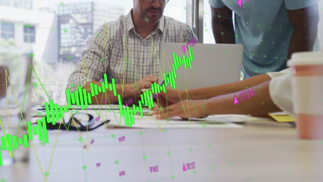 animation of multiple graphs, changing numbers over diverse coworkers discussing reports in office