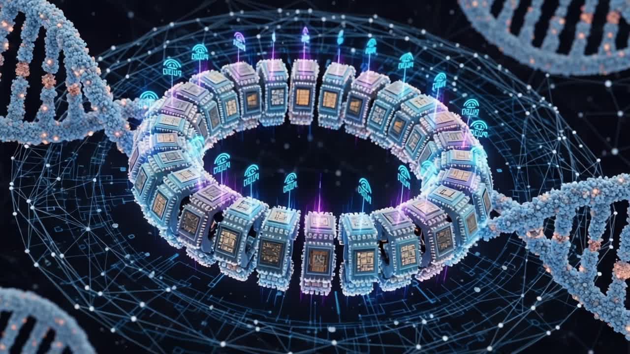 Futuristic Visualization of Genetic Engineering: A Stunning 3D Representation of DNA Interactions with Advanced Nanotechnology Elements and Data Networks