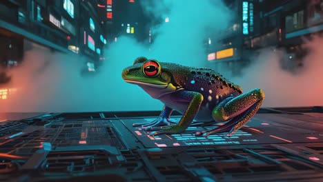 cyberpunk frog in neon city