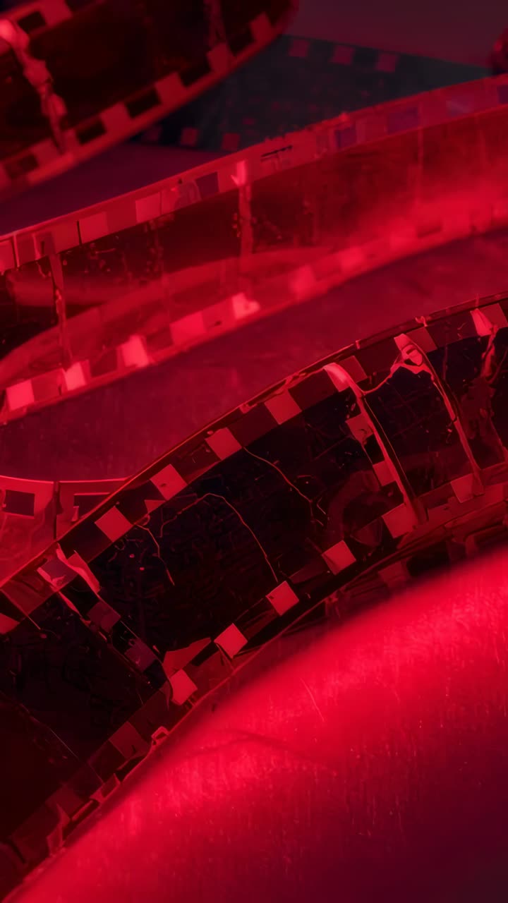 Vertical video: Drifting camera revealing curled 35mm negatives on darkroom table, showing emulsion