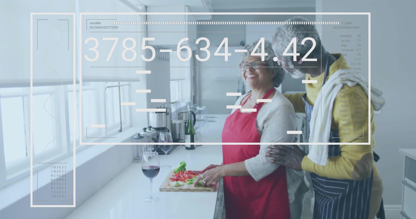 Mujer mayor cortando pimientos en la cocina, con un gráfico de salud animado que guía la preparación.