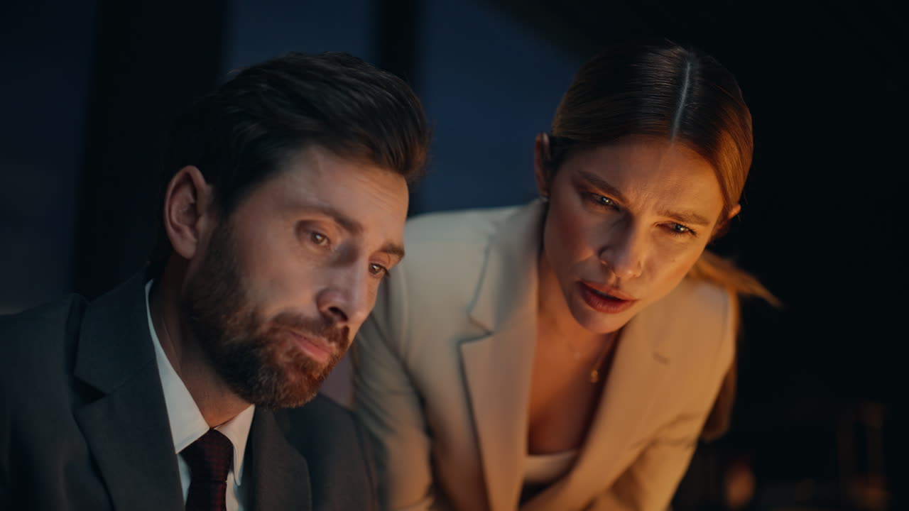 Late office workers discussing together working portrait. Secretary helping boss