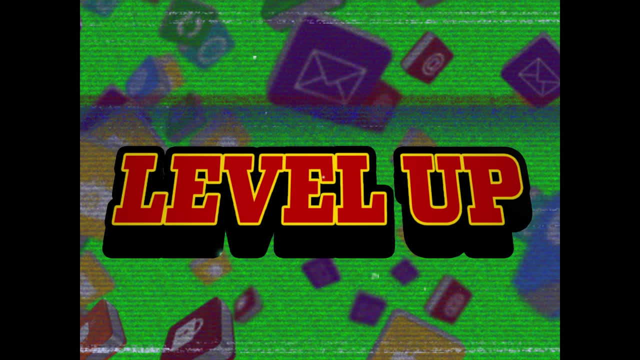 미디어 아이콘과 레벨 업 텍스트에 대한 간섭의 애니메이션