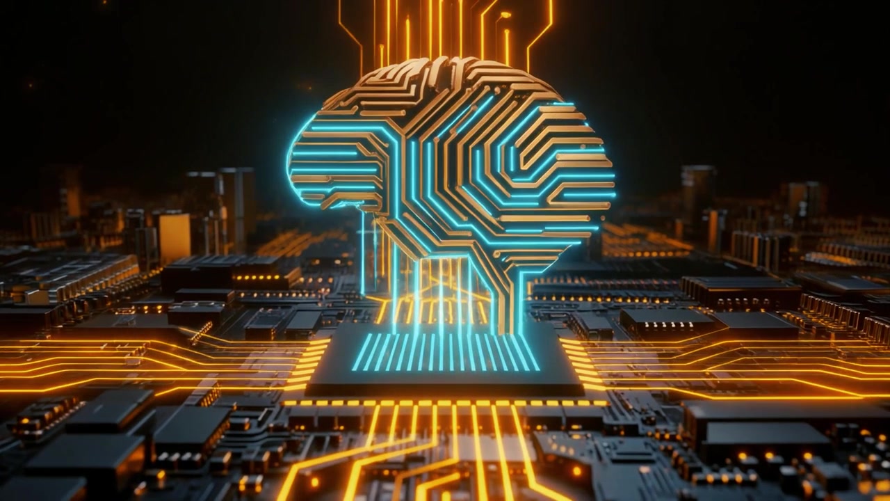 Digital Brain Concept Floating Above a Glowing Circuit Board