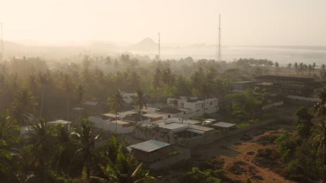 hazy sunrise in kuta lombok, indonesia. aerial shot