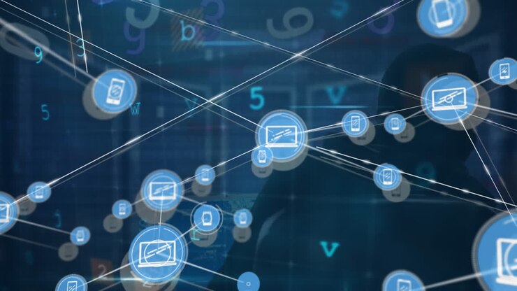 Animation of network of connections with icons and data processing over server room and hacker