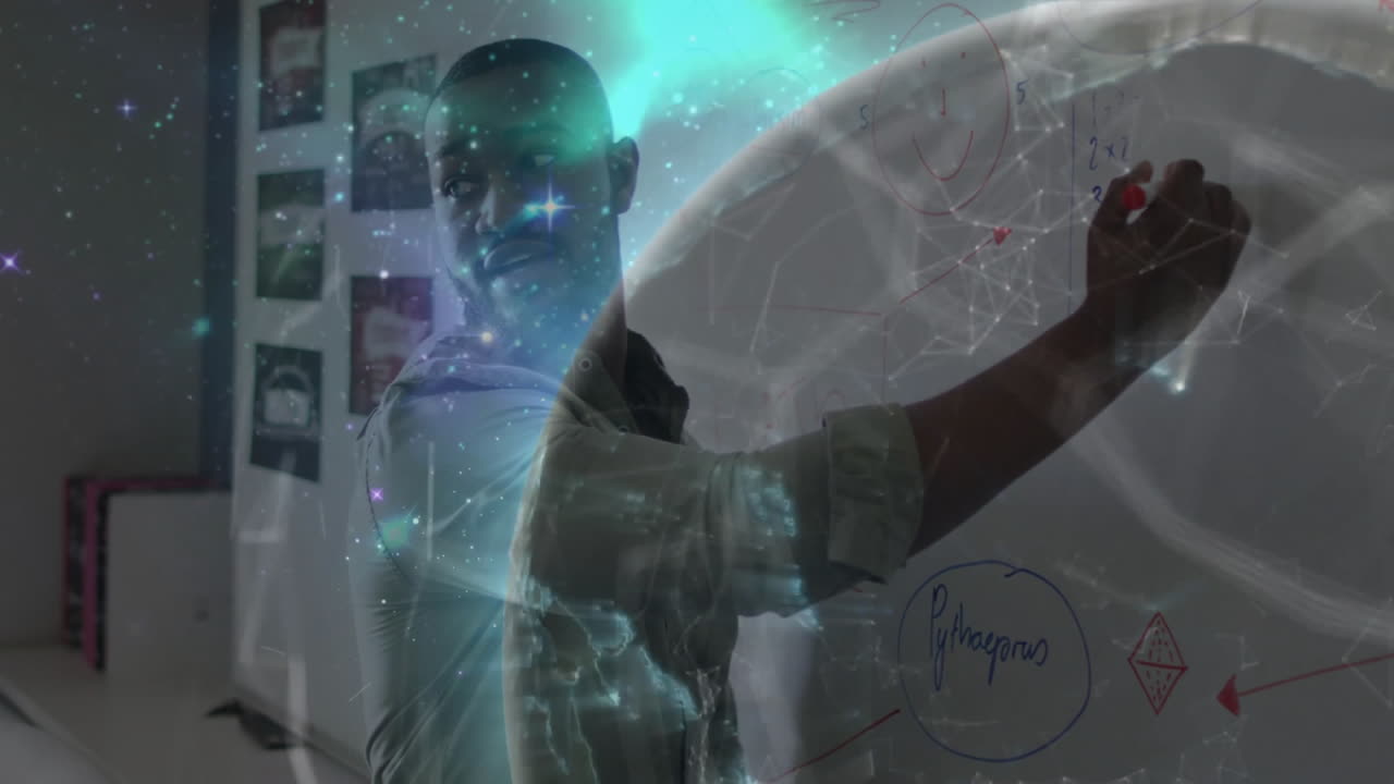 In school, man writing on whiteboard with cosmic animation overlaying scene