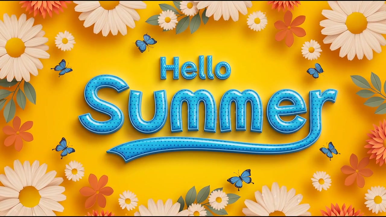 Hello Summer Floral Greeting Banner Animation with Blue Typography on Yellow Background