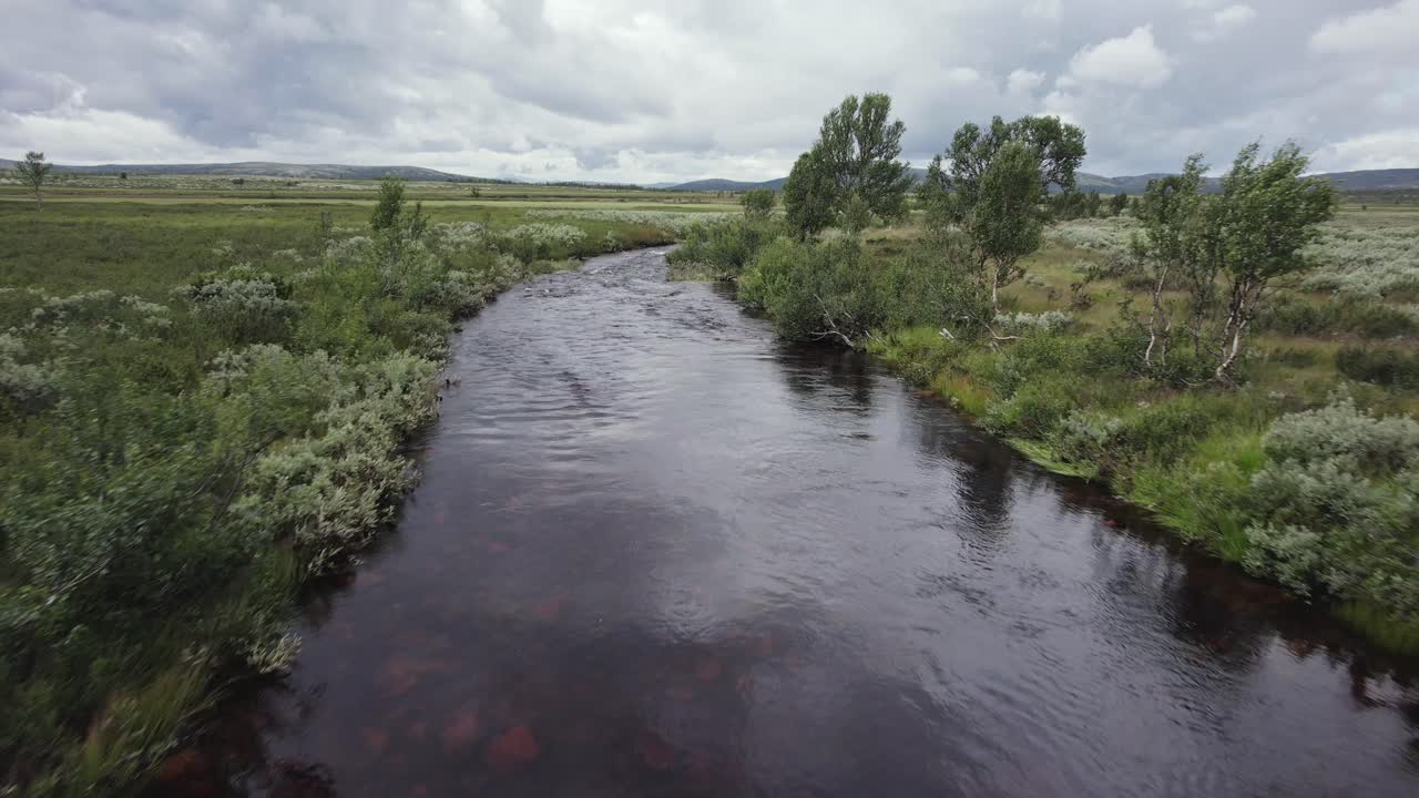 Luftdyk over en lille bro for at følge en naturlig flod, Spekdalen, Norge