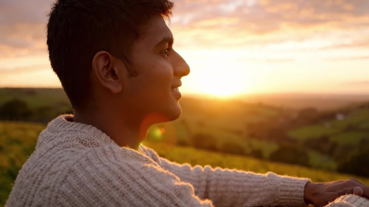 Uma Pessoa Desfruta de um Pôr do Sol Deslumbrante Sobre Colinas Ondulantes, Contemplando a Beleza e a Serenidade da Vida em um Cenário Exterior Tranquilo