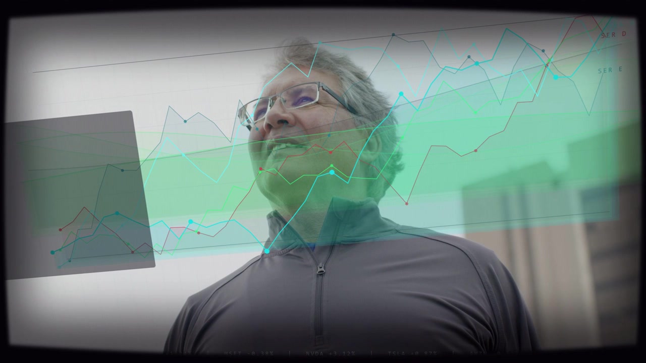 Senior man standing low near building as finance charts sliding right overlaying chest lifting chin