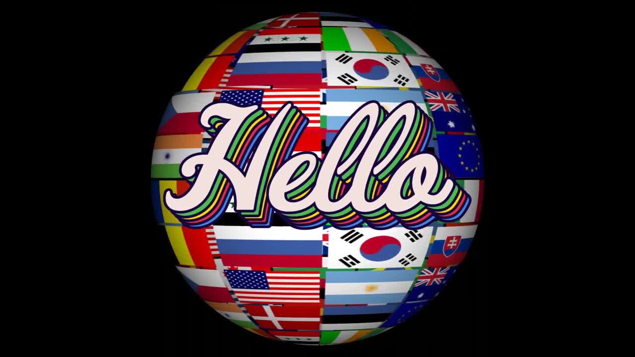 어두운 배경에 전지구 위에 있는 안 ⁇ 하세요 텍스트의 애니메이션