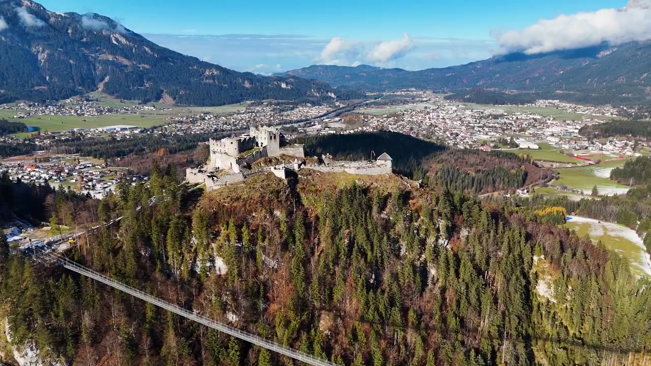Aerial view of Highline179 and Ehrenberg Castle ruins in Austria
