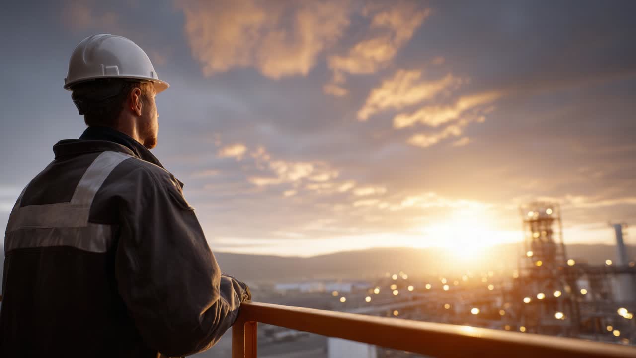 Worker at an Oil Refinery at Sunset
