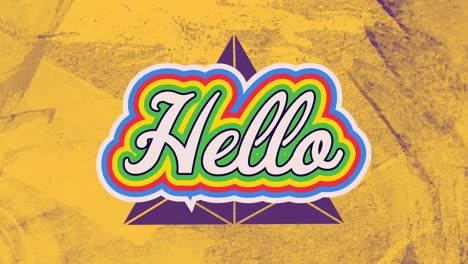 animation of hello text over yellow shapes on purple background