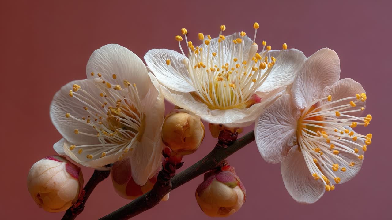 Delicate Blossoms in Bloom: A Close-Up of Cherry Flowers Captivating Nature's Elegance with Soft Petals and Bright Stamen Against a Subtle Background