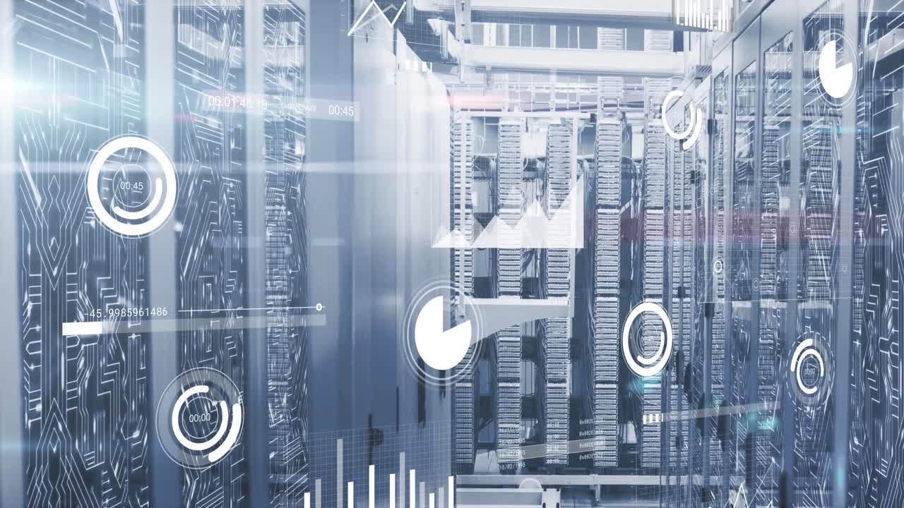 White graphs, charts and data processing over computer server room