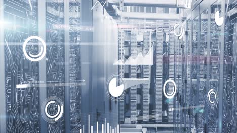white graphs, charts and data processing over computer server room