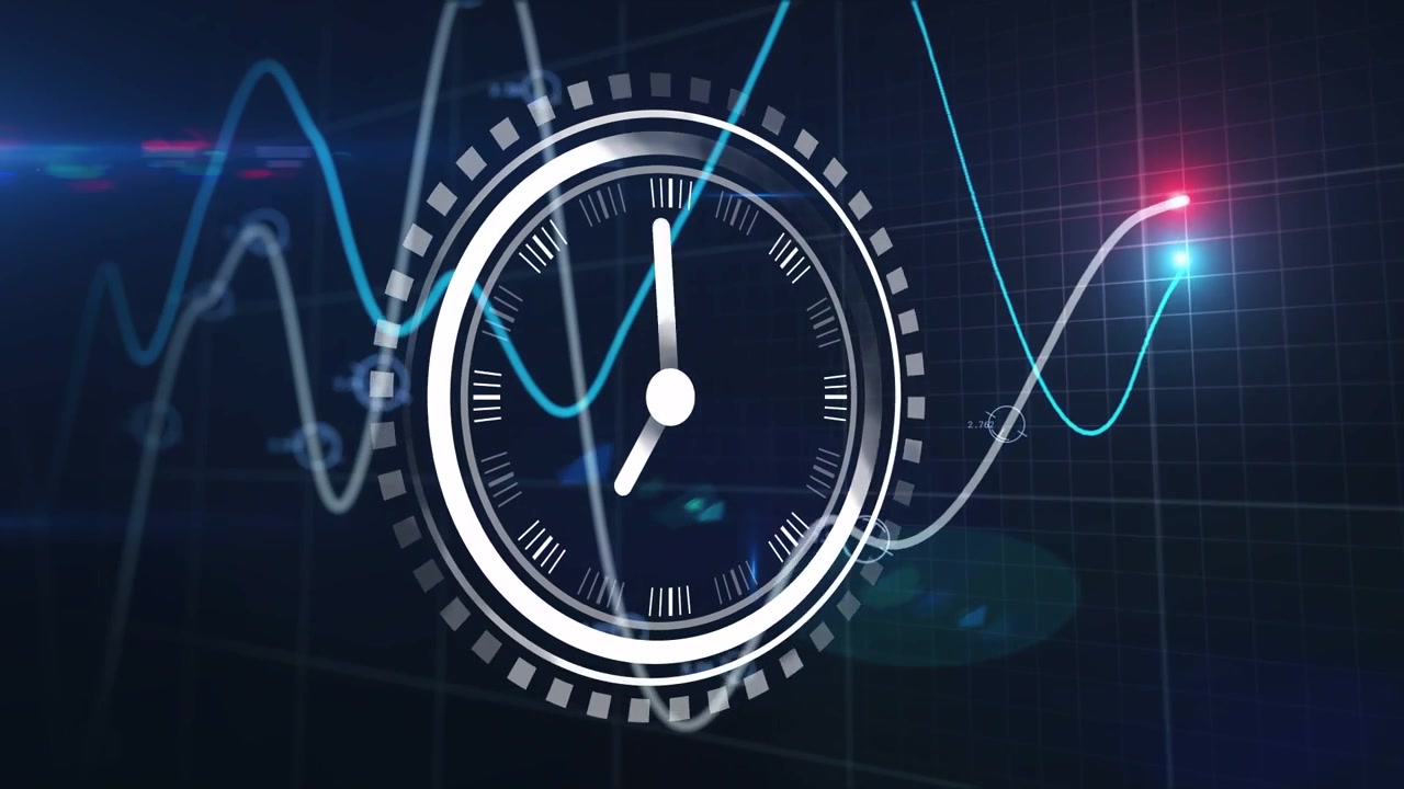 HUD ring forming starting center clock emerging, waveforms pulsing and nodes moving showing time