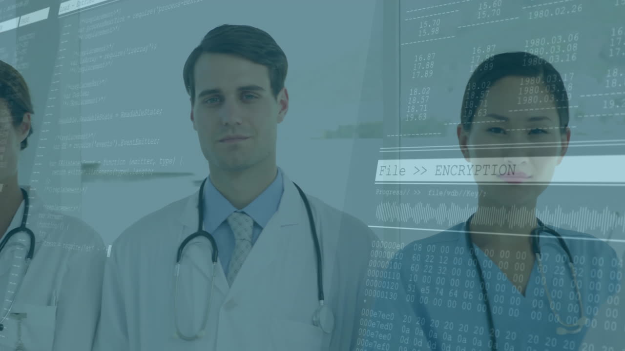 Doctors with encryption and data processing animation overlay in hospital setting