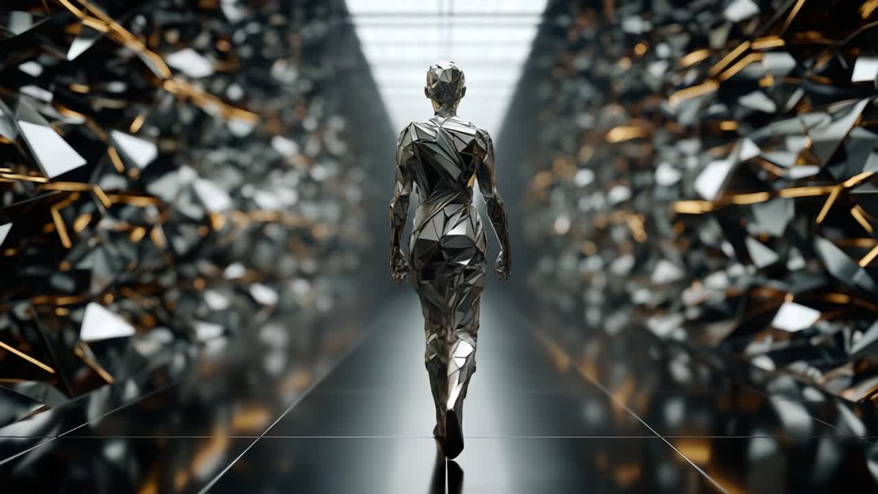 A Futuristic Android Figure Walking Through a Shimmering Hallway of Geometric Shapes, Illuminated by Soft Lighting, Representing Advanced Technology and Human-like Design